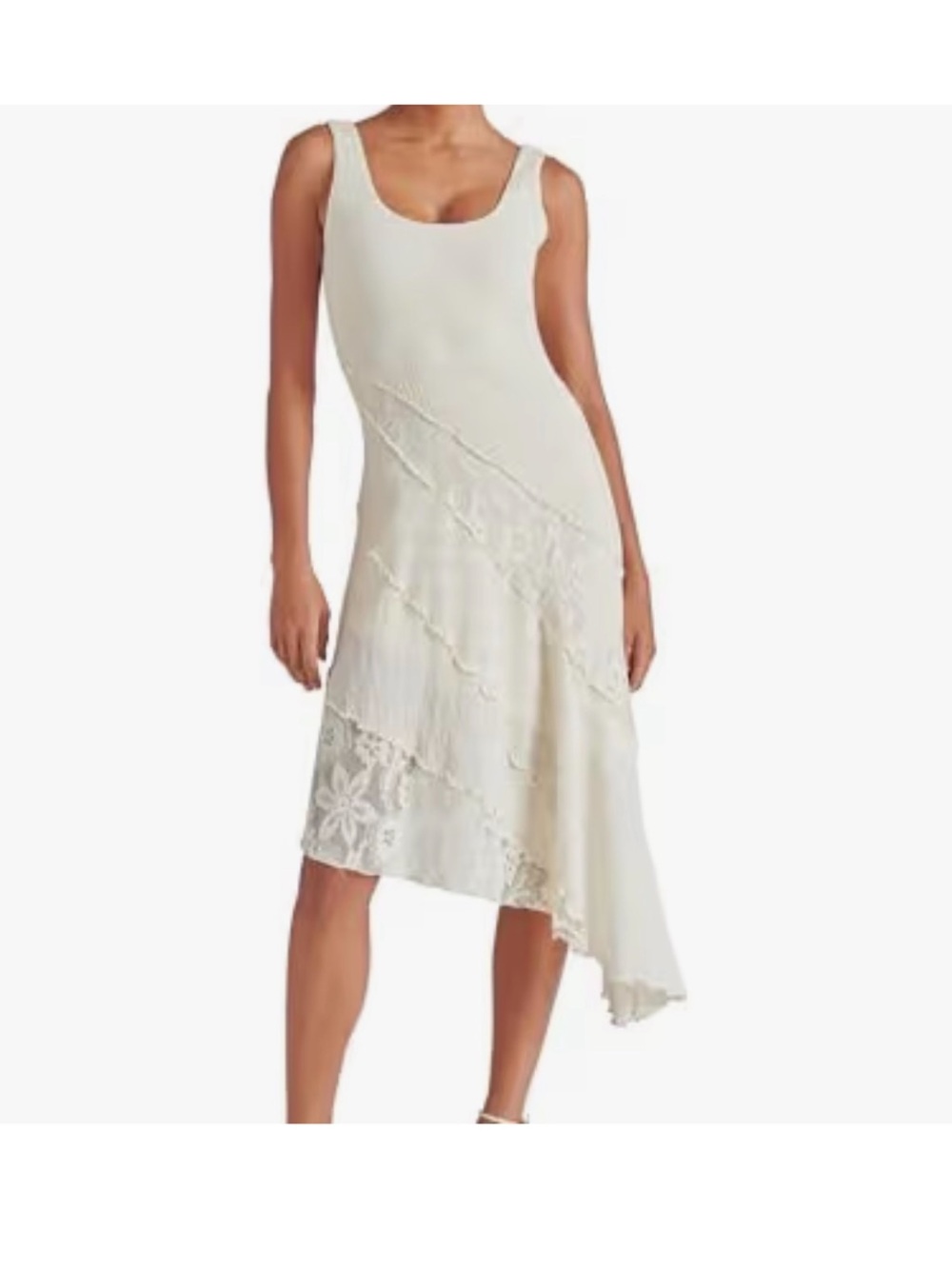 Asymmetrical Cream Lace-Trim Sleeveless Dress